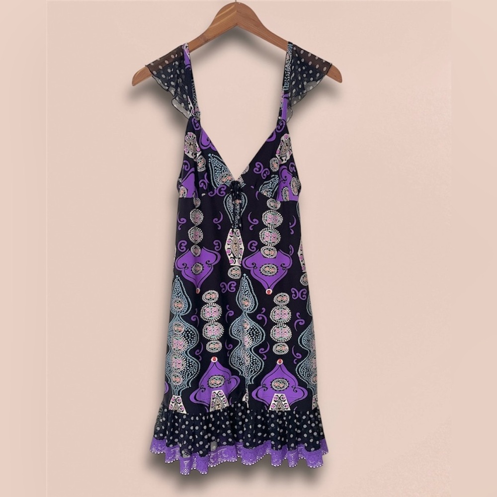 VTG California Dynasty 70s Hippie Polka Dot Pattern Dress Slip in Purple & Black - Picture 2 of 10